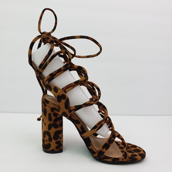 Shoe Land Kyler Womens Size 6.5 Brown Leopard Open Toe Ankle Tie Party 4" Heels - Picture 3 of 14